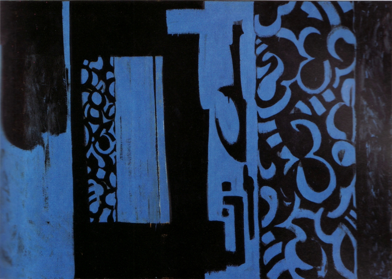 Abstract painting with blue shapes on a black background. A mix of large rectangular blocks and smaller curvilinear shapes.