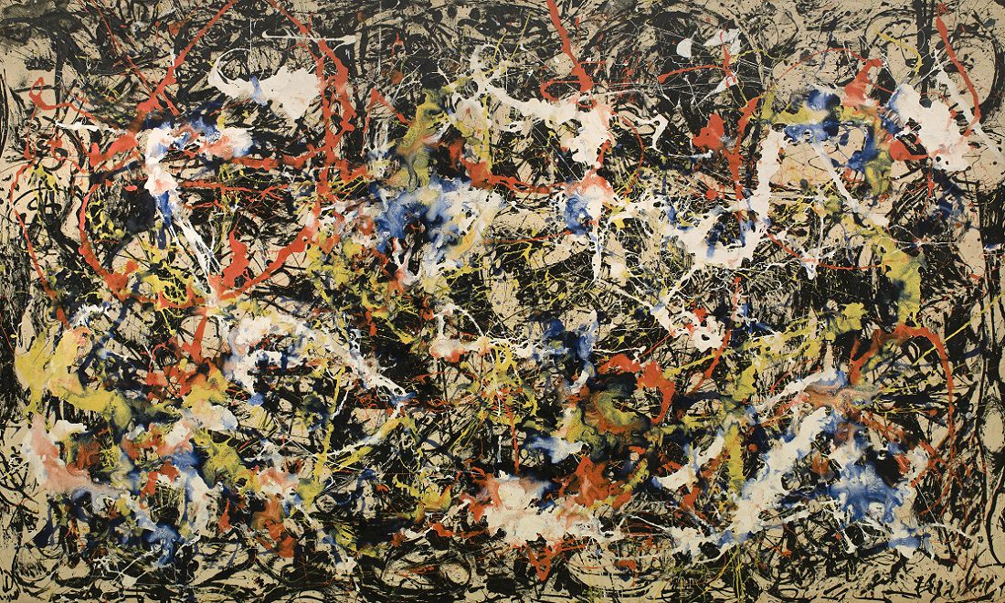 A large-scale abstract painting. The entire canvas is covered in splattered paints of different colours forming a web-like pattern. Some splatters are thicker while others are thinner.
