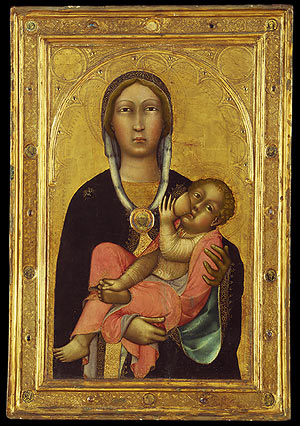 An original gold-on-wood frame surrounding Paolo di Giovanni Fei's Madonna and Child from the 1370s. http://www.metmuseum.org/toah/hd/fram/hd_fram.htm